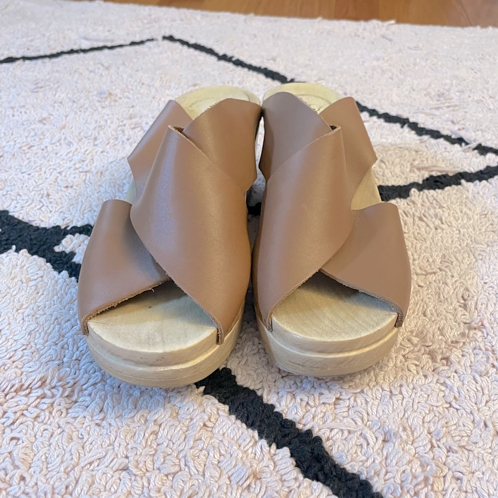 No.6 Frida Clog on Mid Wedge saddle brown leather